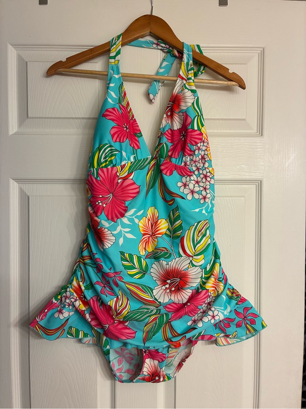 NWT Turquoise Floral One-Piece Swimsuit with Pink Bloom